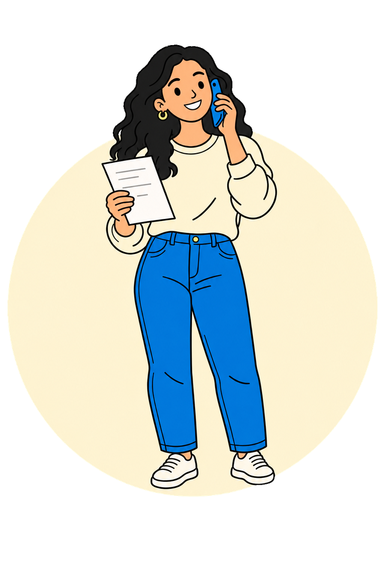 Tenant speaking by phone with her documents in front of a cream circle
