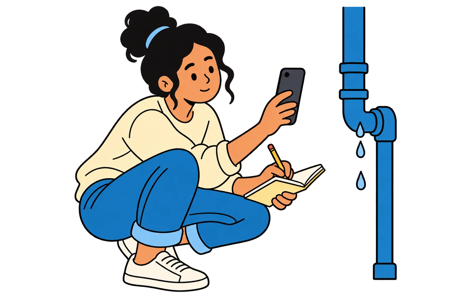 Tenant documenting apartment conditions with a phone and notebook