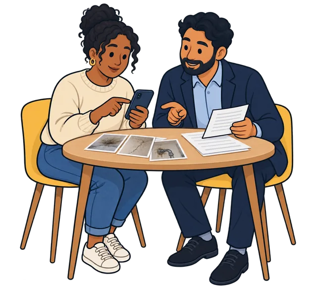 Tenant and advocate reviewing apartment records together